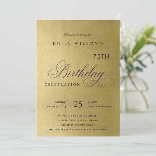 どんな年齢にも合うシンプルでエレガントなゴールドタイポグラフィーの誕生日 招待状 (スタンド正面)