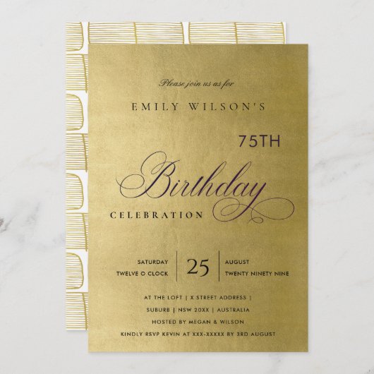 どんな年齢にも合うシンプルでエレガントなゴールドタイポグラフィーの誕生日 招待状 (正面/裏面)