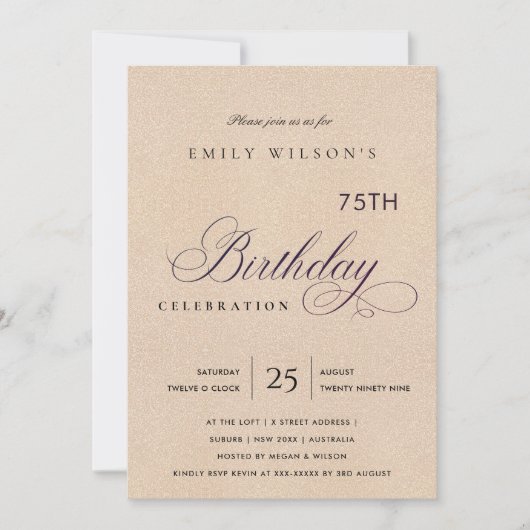 どんな年齢にも合うシンプルなピンクグリッター誕生日 招待状 (正面)