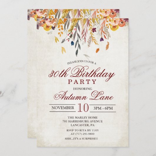 どんな年齢にも - 紅葉の秋の誕生日パーティー招待状 招待状 (正面/裏面)