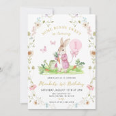 どんな年齢のウサギ ピンク 水彩 花 誕生日 招待状 (正面)