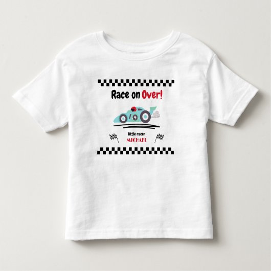どんな年齢の誕生日でもレースカーに乗ろう 青いレースカー トドラーTシャツ (正面)