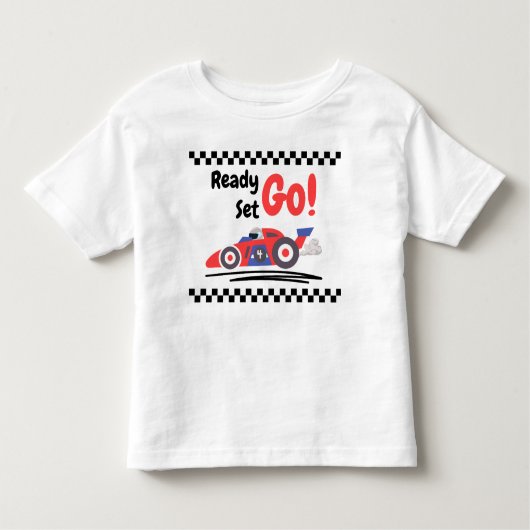 どんな年齢の誕生日でも準備OK！ レディーセットゴー レッド ブルー レース カー トドラーTシャツ (正面)