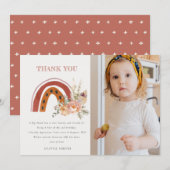 どんな年齢の誕生日にも合う、ラスティーなボホー調の花柄レインボーフォト サンキューカード (正面/裏面)