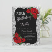 どんな年齢の誕生日のシルバーグリッター赤いバラ 招待状 (スタンド正面)