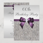 どんな年齢の誕生日パーティーにも合う、銀のスパンコールが付いた、すみれ色のリボン 招待状 (正面/裏面)