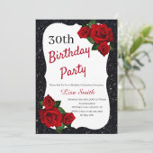 どんな年齢の誕生日 ブラック グリッター 赤いバラ 招待状 (スタンド正面)