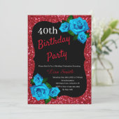 どんな年齢の誕生日 赤いグリッター 青いバラ 招待状 (スタンド正面)