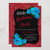 どんな年齢の誕生日 赤いグリッター 青いバラ 招待状 (正面/裏面)