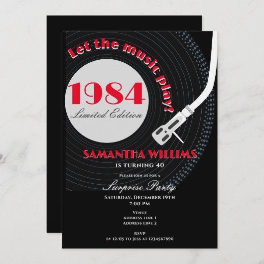 どんな年齢の音楽にテーマを置いたサプライズ40歳の誕生日 招待状 (正面/裏面)