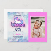 どんな年齢の6歳のピンクとパープルのユニコーンの写真の誕生日 ポストカード (正面/裏面)