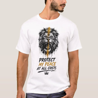 どんな時も平穏を守る – 力強いライオン デザイン Tシャツ