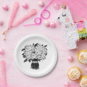 どんな色* スカルローズの花束 ブラック＆ホワイト ペーパープレート (パーティー)