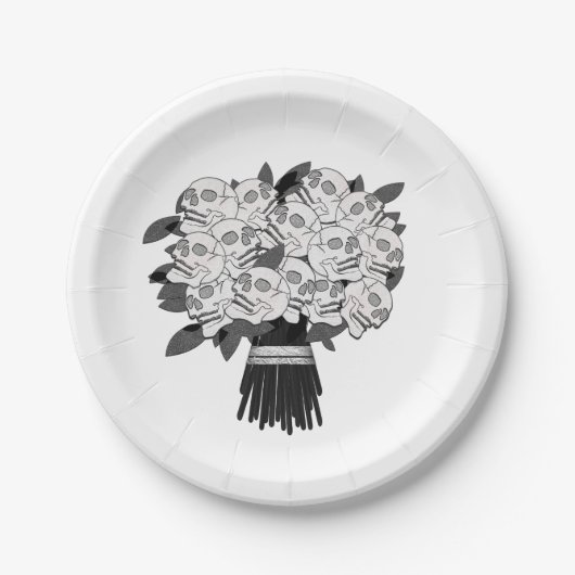 どんな色* スカルローズの花束 ブラック＆ホワイト ペーパープレート (正面)