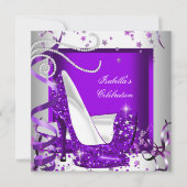 どんな行事にも使えるパーティーのグリッター ホットパープル ハイヒール 招待状 (正面)