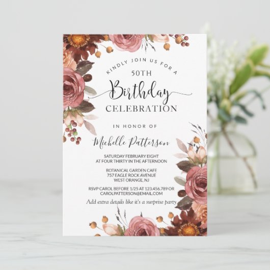 どんな誕生日でも、 ブラッシュとバーガンディのフラワーのウェディング 招待状 (スタンド正面)