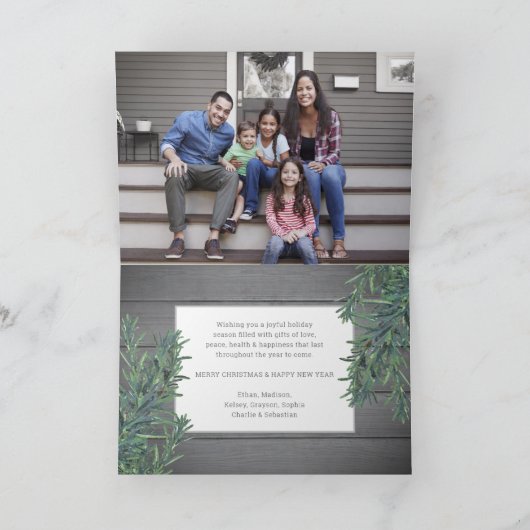 どんな1年だったのでしょう! 11枚の写真のクリスマスの緑と木 シーズンカード (内部)