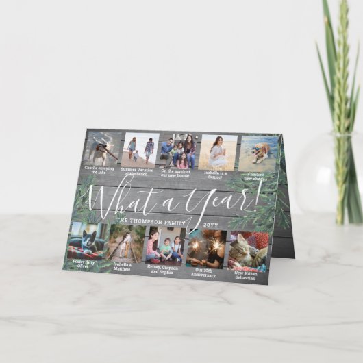 どんな1年だったのでしょう! 11枚の写真のクリスマスの緑と木 シーズンカード (正面)