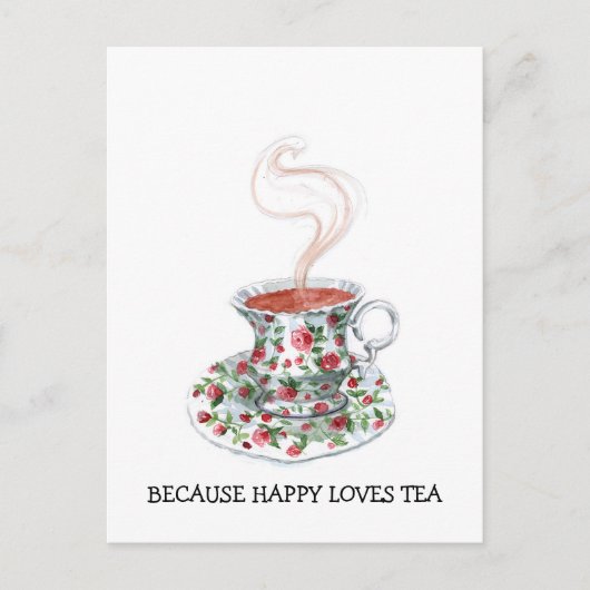 なぜならhappyお茶のスローガンを愛し、ヴィンテージカップバラ ポストカード (正面)