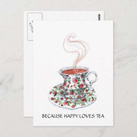 なぜならhappyお茶のスローガンを愛し、ヴィンテージカップバラ ポストカード (正面/裏面)