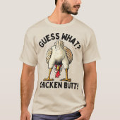 なぞ?ニワトリのお尻!お笑いジョークのニワトリ Tシャツ (正面)