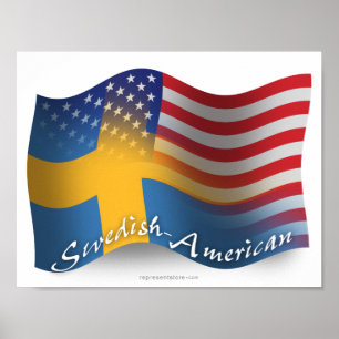 なびくスウェーデン系アメリカ国旗 ポスター