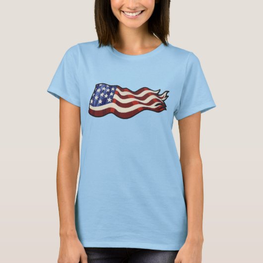なびく米国国旗(レッドリンガー)の女性 Tシャツ (正面)