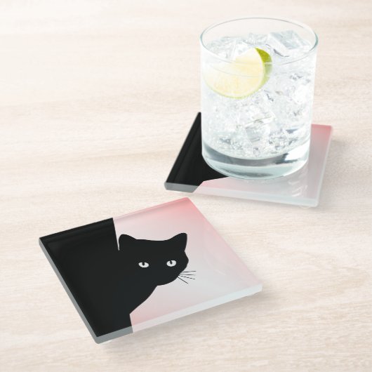 なまめかしい黒猫 ピンク ガラスコースター (アングル)