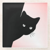 なまめかしい黒猫 ピンク ガラスコースター (正面)