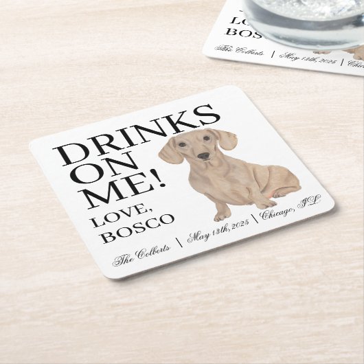 なめらかな赤いダシュント結婚ドッグ スクエアペーパーコースター (アングル)