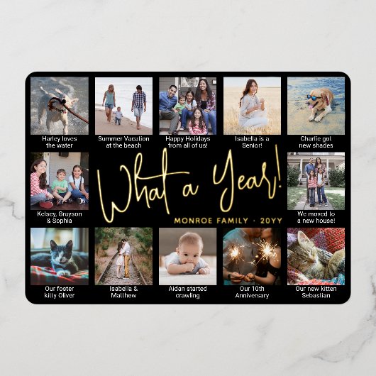 なんて一年だ！黒12枚のフォトコラージュとキャプション 箔シーズンカード (正面)