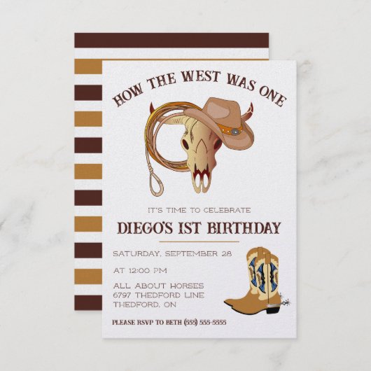 なんと西が一つだったか。カウボーイテーマファースト誕生日 招待状 (正面/裏面)
