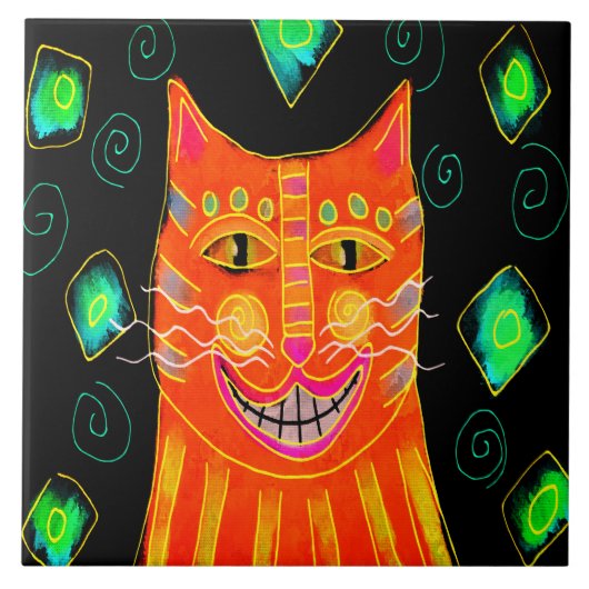 にっこりオレンジの猫 デジタルアート タイル (正面)