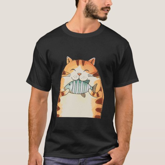 にっこり猫が魚を抱っこして楽しい Tシャツ (正面)