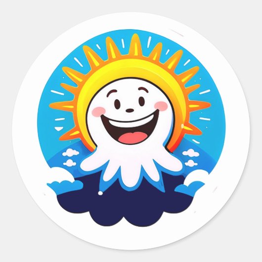にっこり笑顔の元気な太陽のキャラクター ラウンドシール (正面)