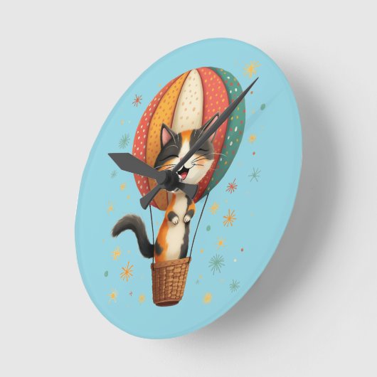 にゃんよろこびの三毛猫空大冒険イラスト ラウンド壁時計 (傾斜)