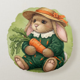 にんじん付きの緑のジャンプスーツを着たウサギ ラウンドクッション