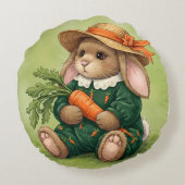 にんじん付きの緑のジャンプスーツを着たウサギ ラウンドクッション (裏面)