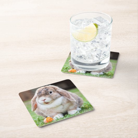 にんじん草の中の可愛い耳の垂れたウサギ スクエアペーパーコースター (インサイチュ)