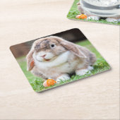にんじん草の中の可愛い耳の垂れたウサギ スクエアペーパーコースター (アングル)