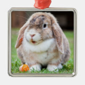 にんじん草の中の可愛い耳の垂れたウサギ メタルオーナメント (正面)