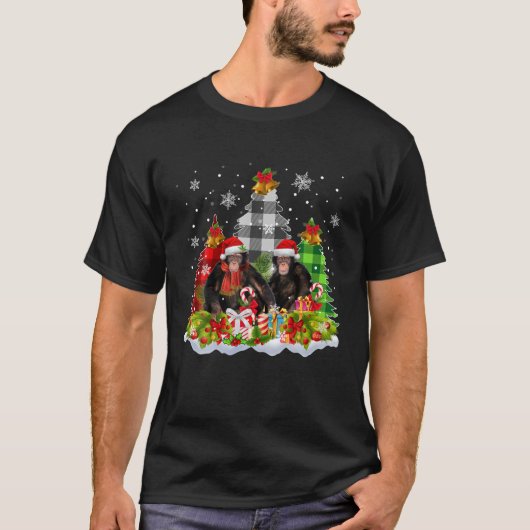 ～に合った格子状のクリスマスツリーを持つサル Tシャツ (正面)