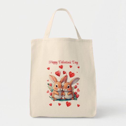 ～に囲まれたおもしろい水色のウサギのカップル トートバッグ (正面)