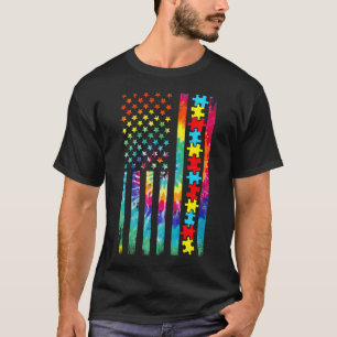 ~に対する自閉症アメリカ国旗絞り染め自閉症意識 Tシャツ