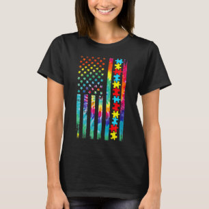 ～に対する自閉症アメリカ国旗絞り染め自閉症意識 Tシャツ