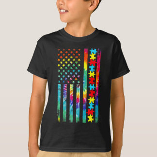 ~に対する自閉症アメリカ国旗絞り染め自閉症意識 Tシャツ