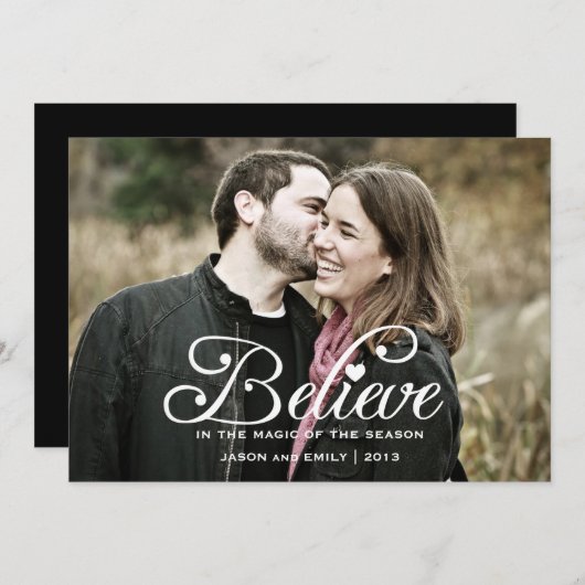 |にChristmaの休日の写真カードの魔法を信じて下さい シーズンカード (正面/裏面)
