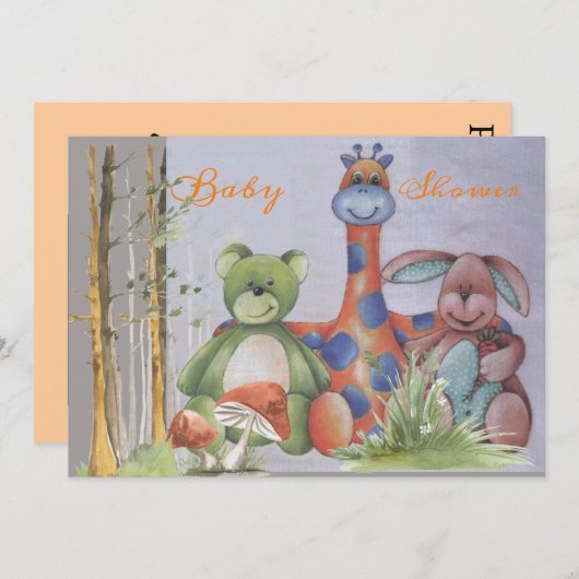 ぬいぐるみ動物のベビーシャワー招待状 招待状 (正面/裏面)