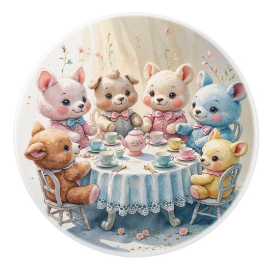 ぬいぐるみ動物茶パーティー水彩 セラミックノブ (正面)