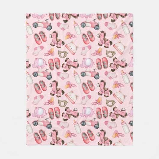 ぬいぐるみ・衣類付き水彩赤ちゃん女の子パターン フリースブランケット (正面)